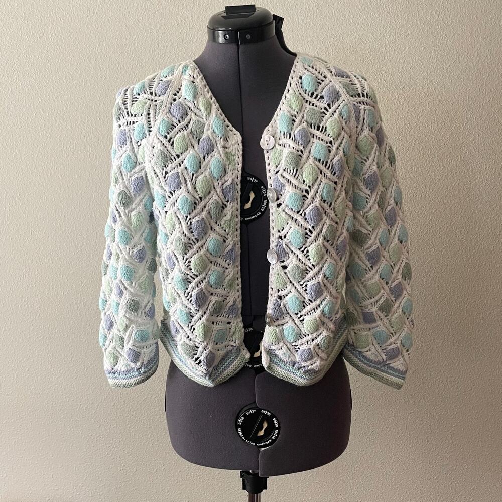 90s handknit pastel cropped chunky cozy cardigan boho cottage coastal cowgirl